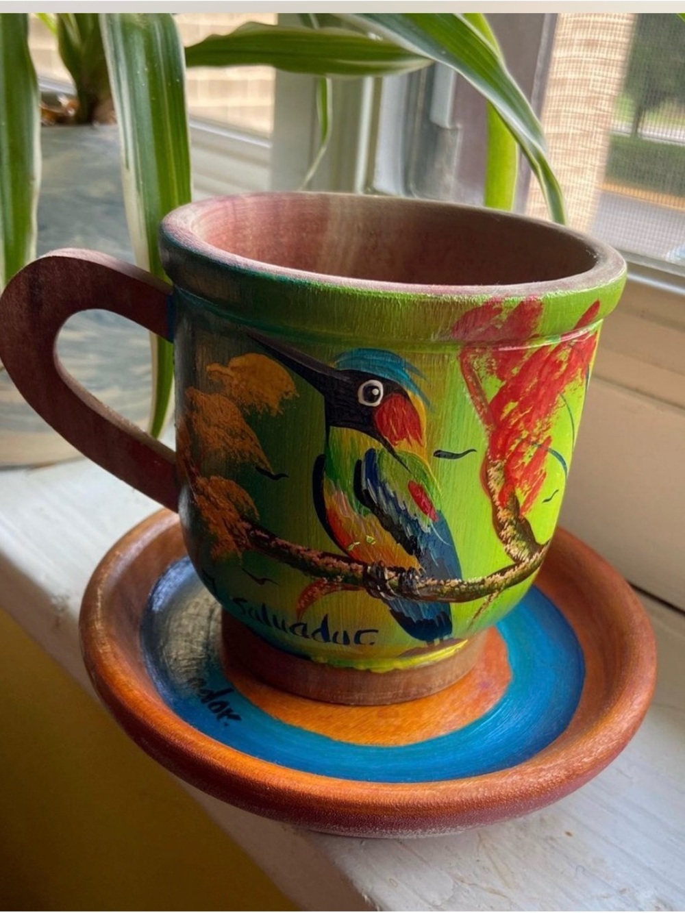 Hand-Painted Green Ceramic Bird Mug with Saucer